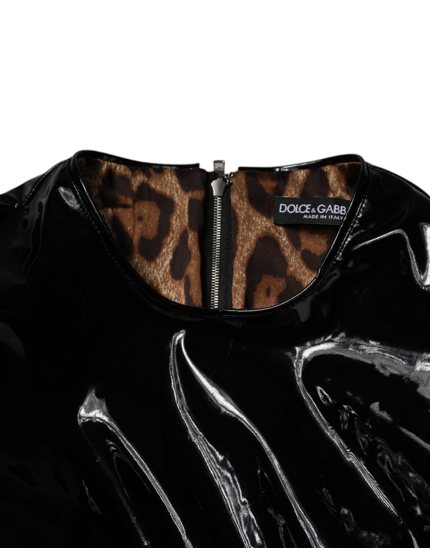 Black Patent Leather Puff Sleeves Mini Dress-Dolce & Gabbana-LabelTerrace.com