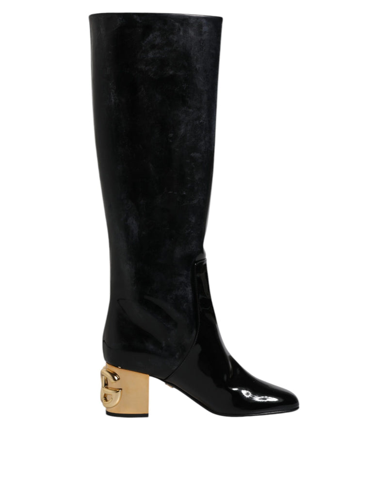 Black Patent Leather Vally High Boots Shoes-Dolce & Gabbana-LabelTerrace.com
