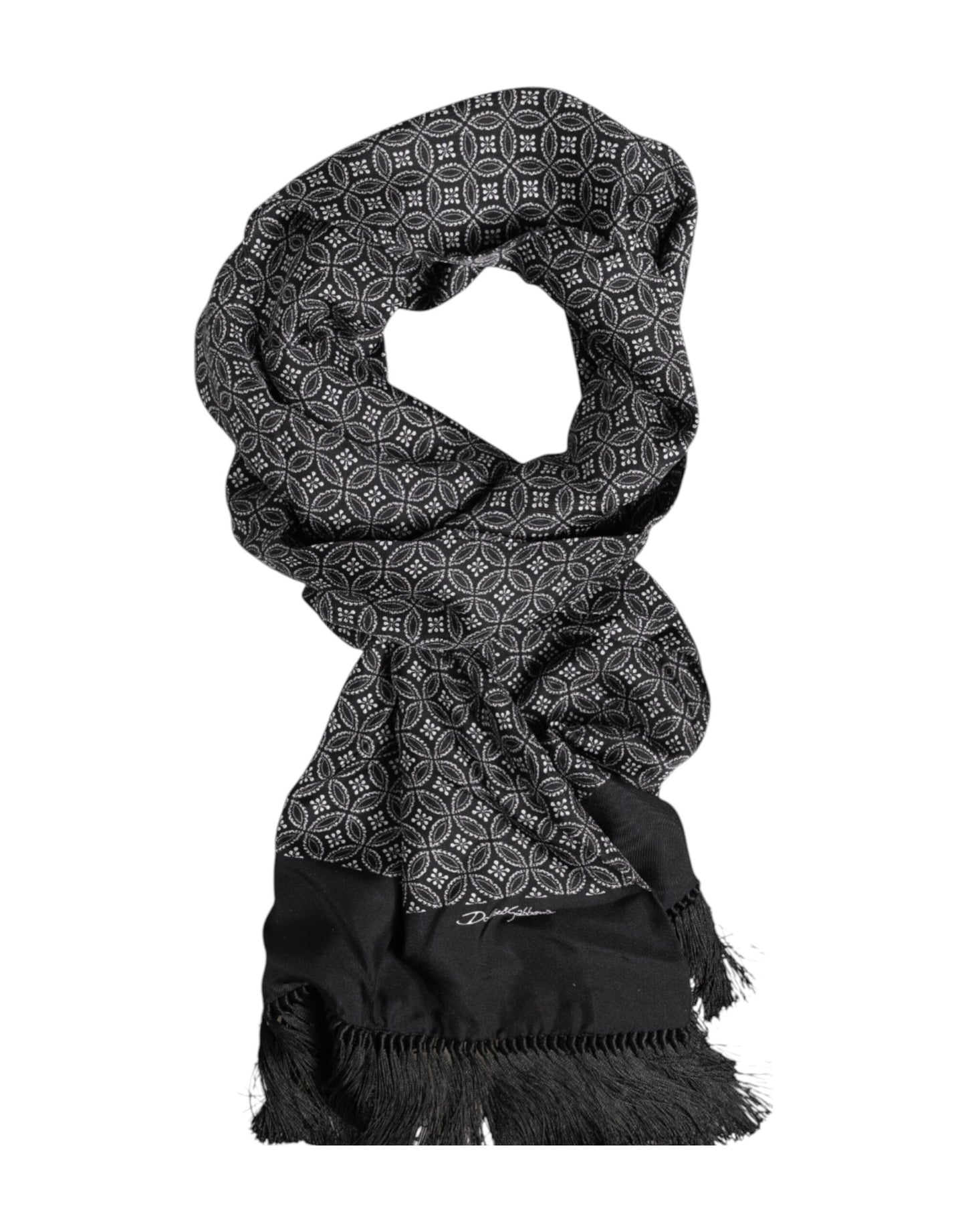 Black Patterned Fringes Men Foulard Scarf-Dolce & Gabbana-LabelTerrace.com