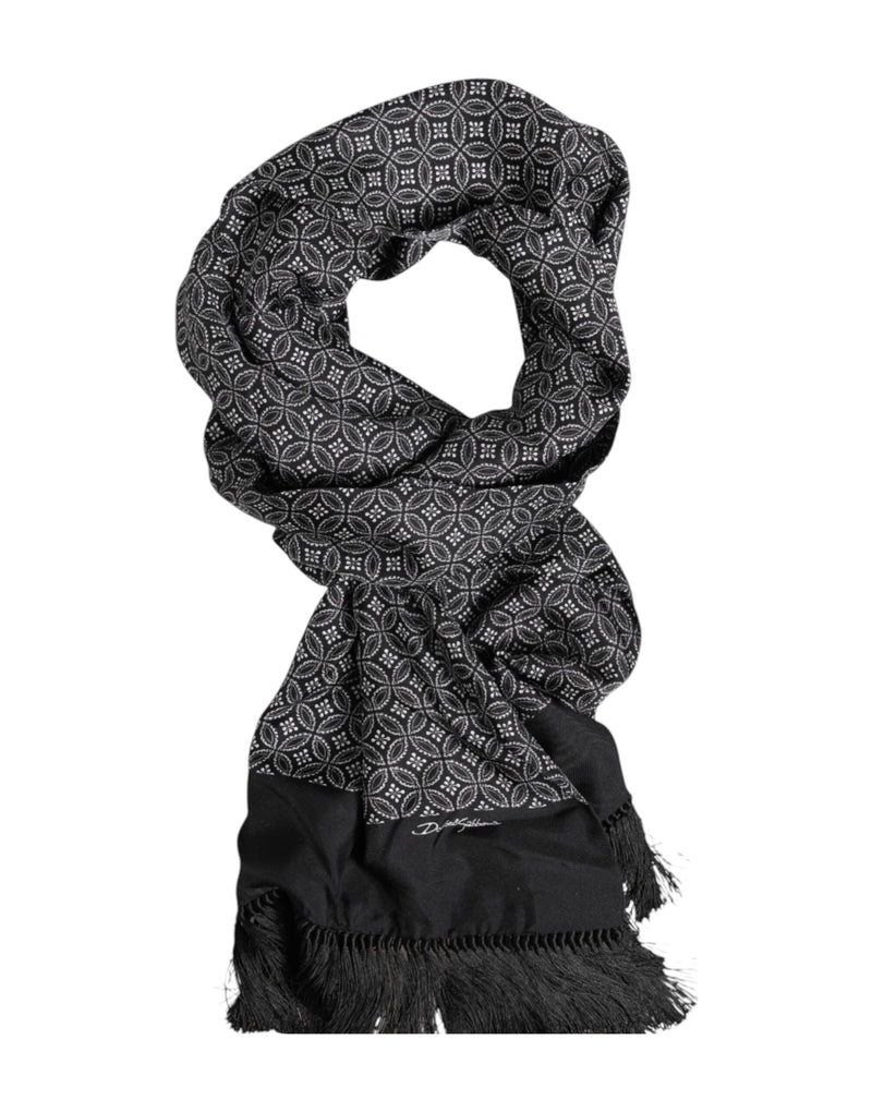 Black Patterned Fringes Men Foulard Scarf-Dolce & Gabbana-LabelTerrace.com