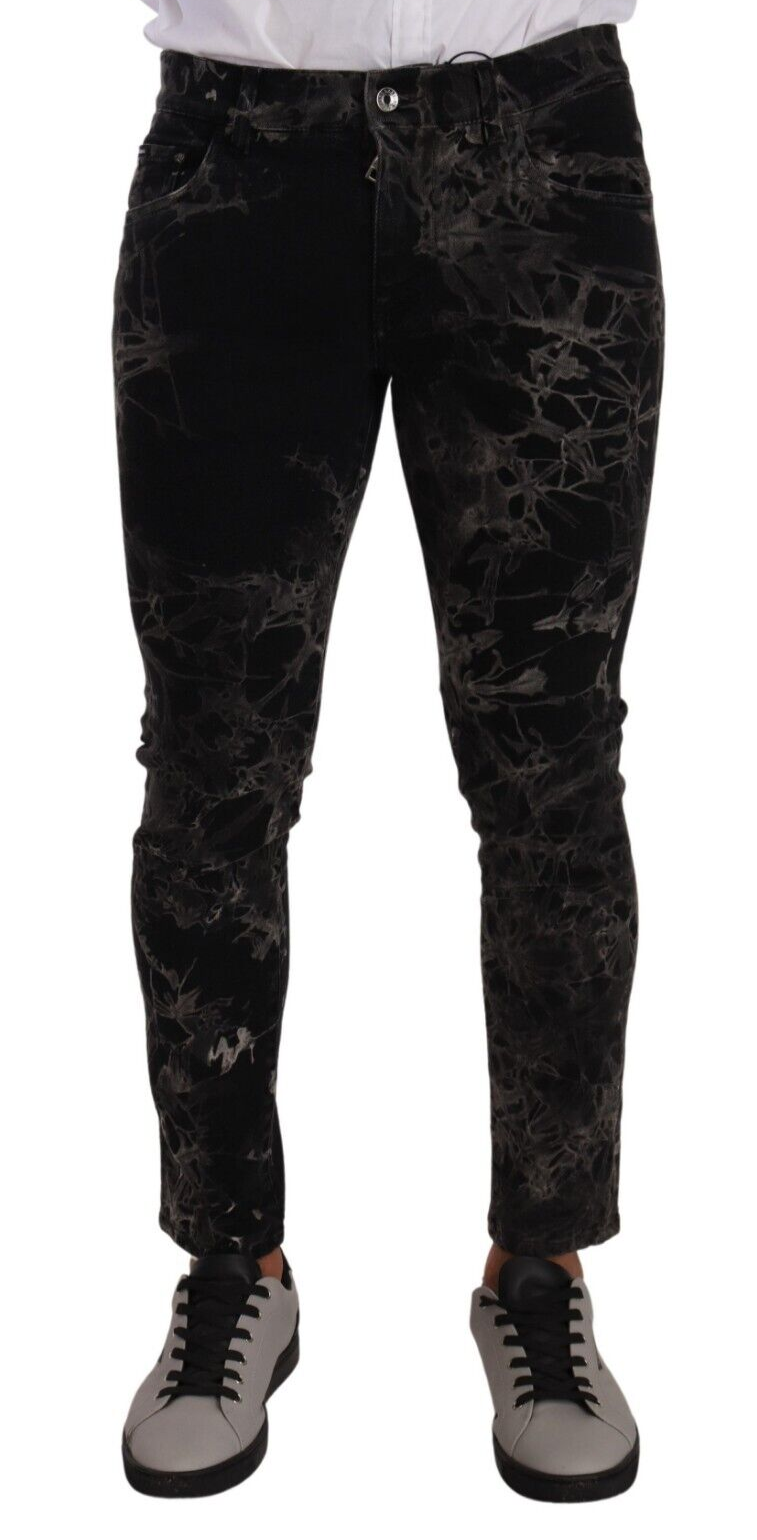 Black Patterned Skinny Slim Fit Jeans-Dolce & Gabbana-LabelTerrace.com