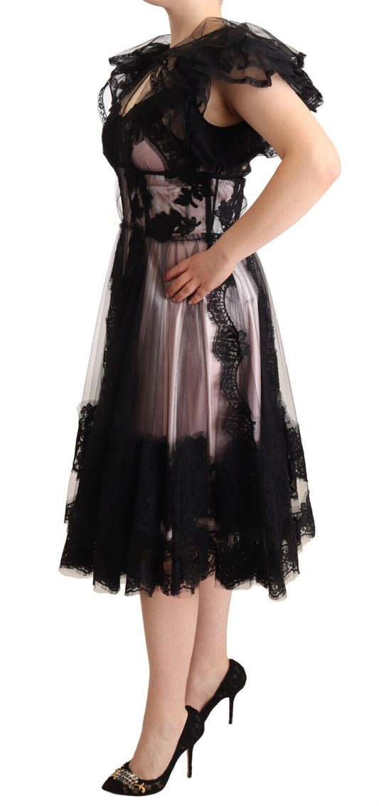 Black Pink Floral Lace A-line Midi Sheer Dress-Dolce & Gabbana-LabelTerrace.com