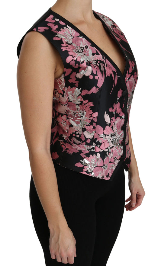Black Pink Floral Waistcoat Vest Blouse Top-Dolce & Gabbana-LabelTerrace.com