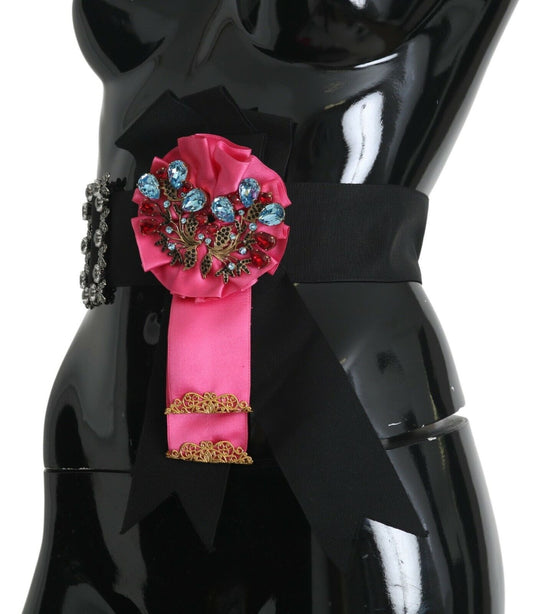 Black Pink Flower Brooch Crystals Cotton Belt-Dolce & Gabbana-LabelTerrace.com