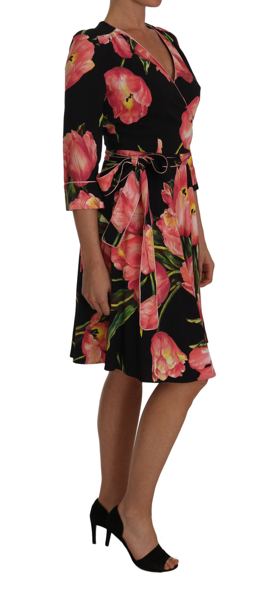 Black Pink Tulip Print Stretch Shift Dress-Dolce & Gabbana-LabelTerrace.com