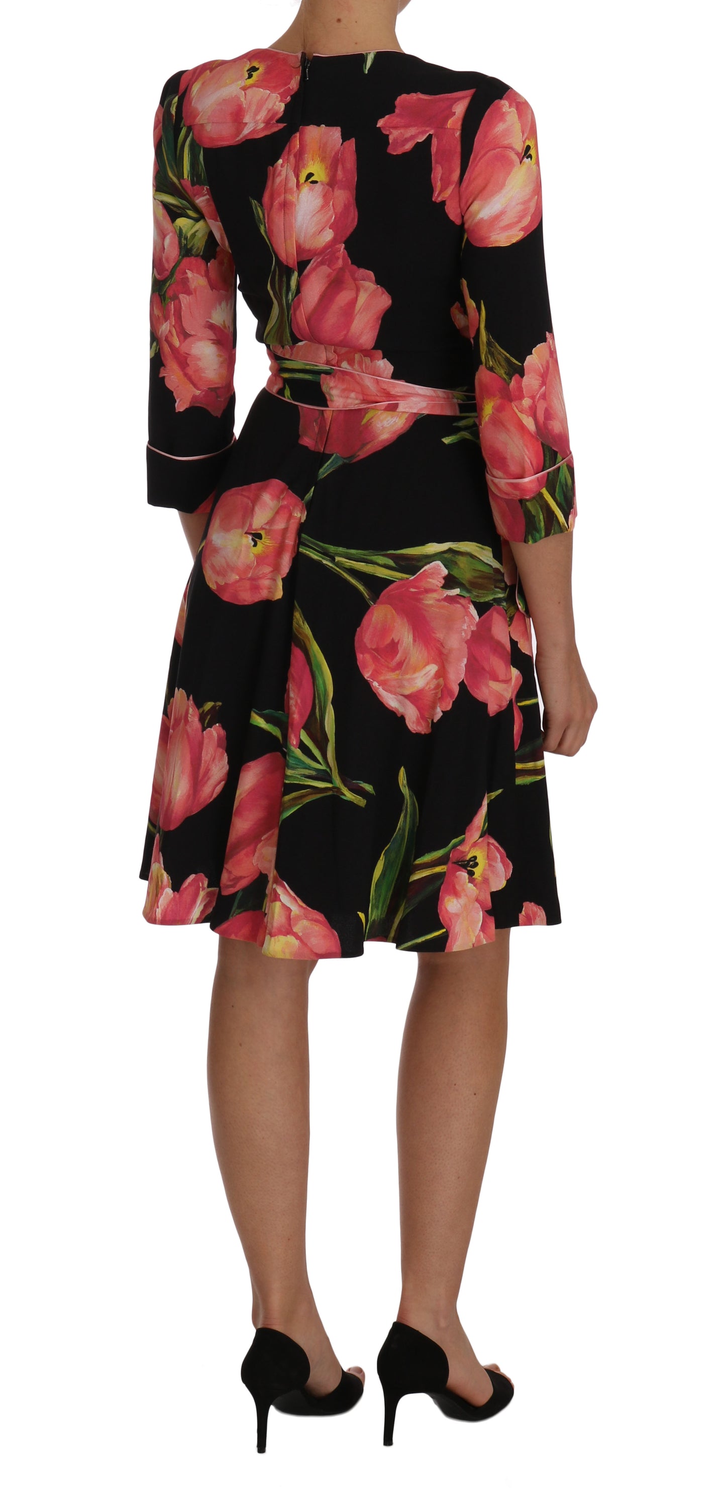 Black Pink Tulip Print Stretch Shift Dress-Dolce & Gabbana-LabelTerrace.com