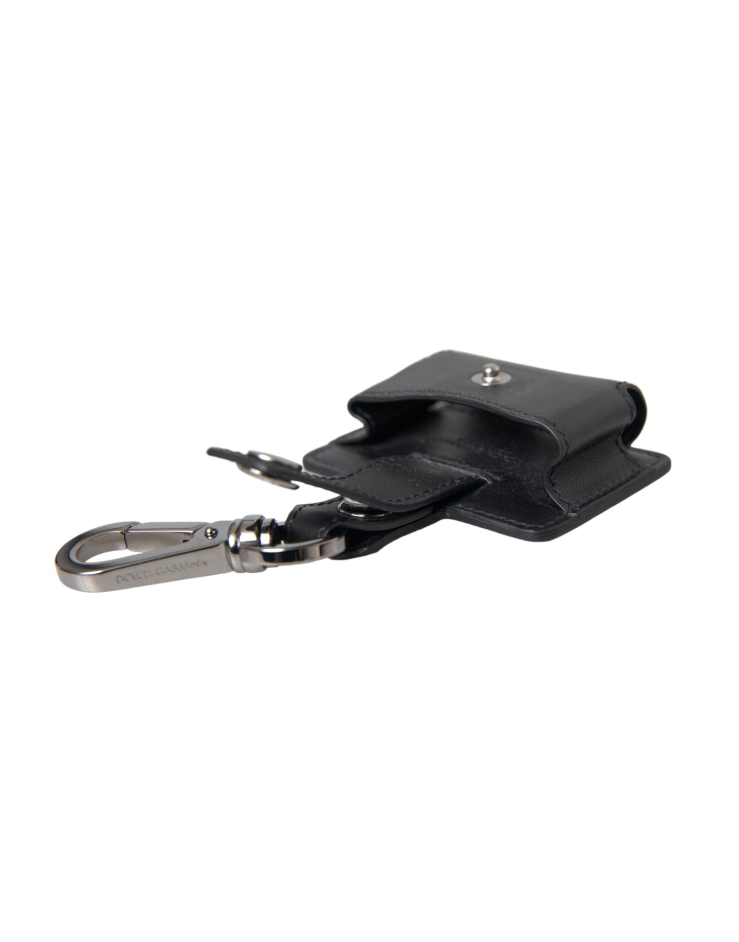 Black Plain Leather Silver Metal Airpods Case-Dolce & Gabbana-LabelTerrace.com