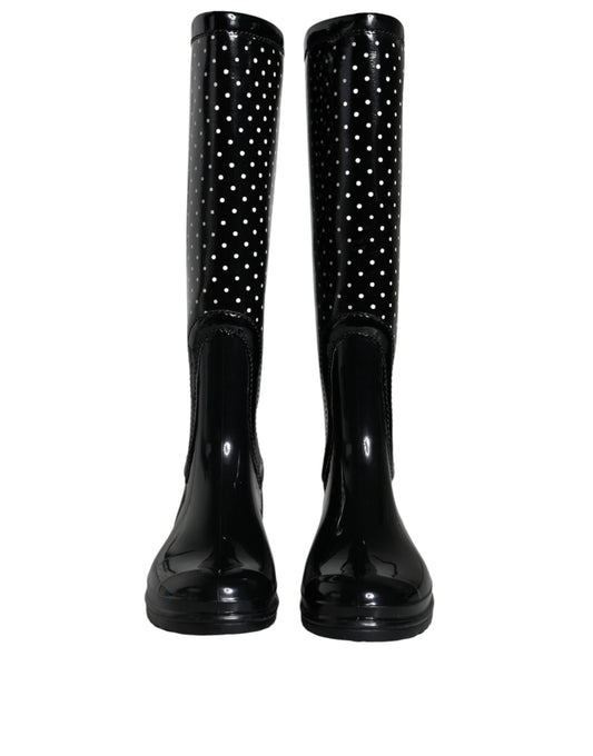 Black Polka Dot Rubber Knee High Boots Shoes-Dolce & Gabbana-LabelTerrace.com