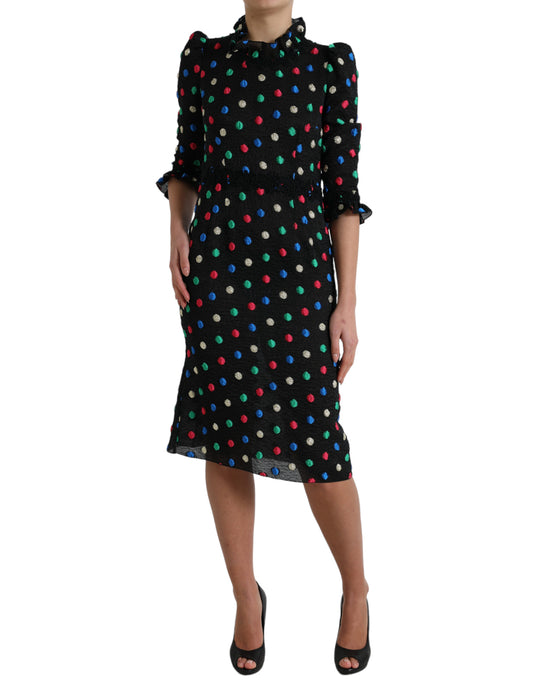 Black Polka Dot Ruffle Cotton Midi Dress-Dolce & Gabbana-LabelTerrace.com