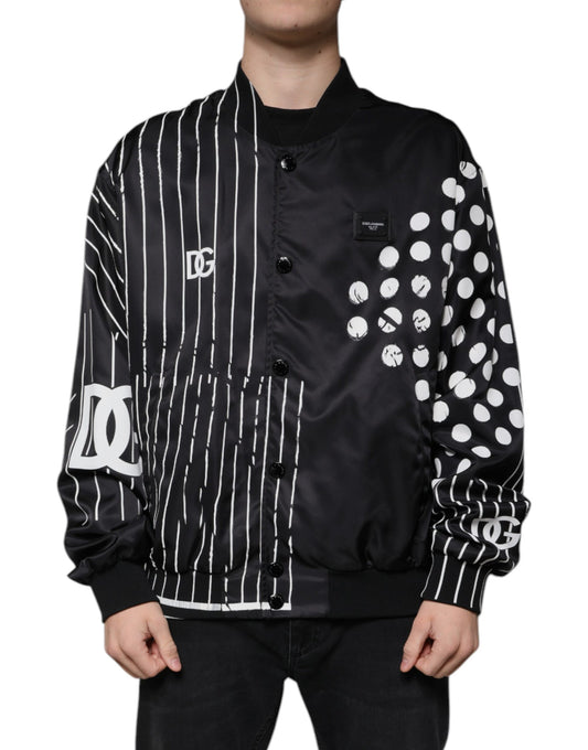 Black Polka Dot Stripe Nylon Bomber Jacket-Dolce & Gabbana-LabelTerrace.com