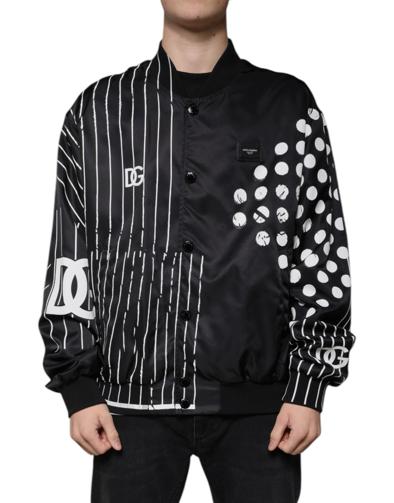Black Polka Dot Stripe Nylon Bomber Jacket-Dolce & Gabbana-LabelTerrace.com