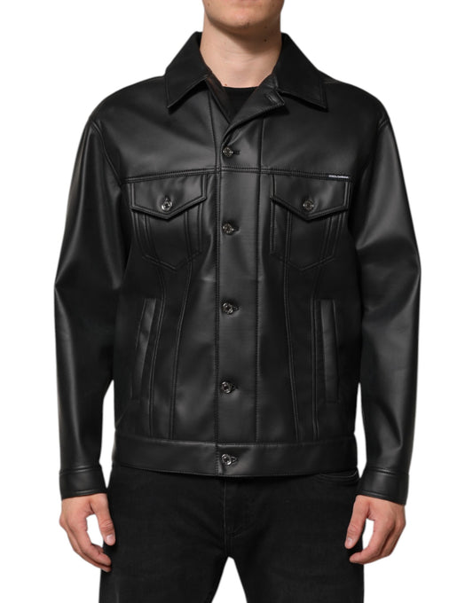 Black Polyester Button Down Biker Jacket-Dolce & Gabbana-LabelTerrace.com