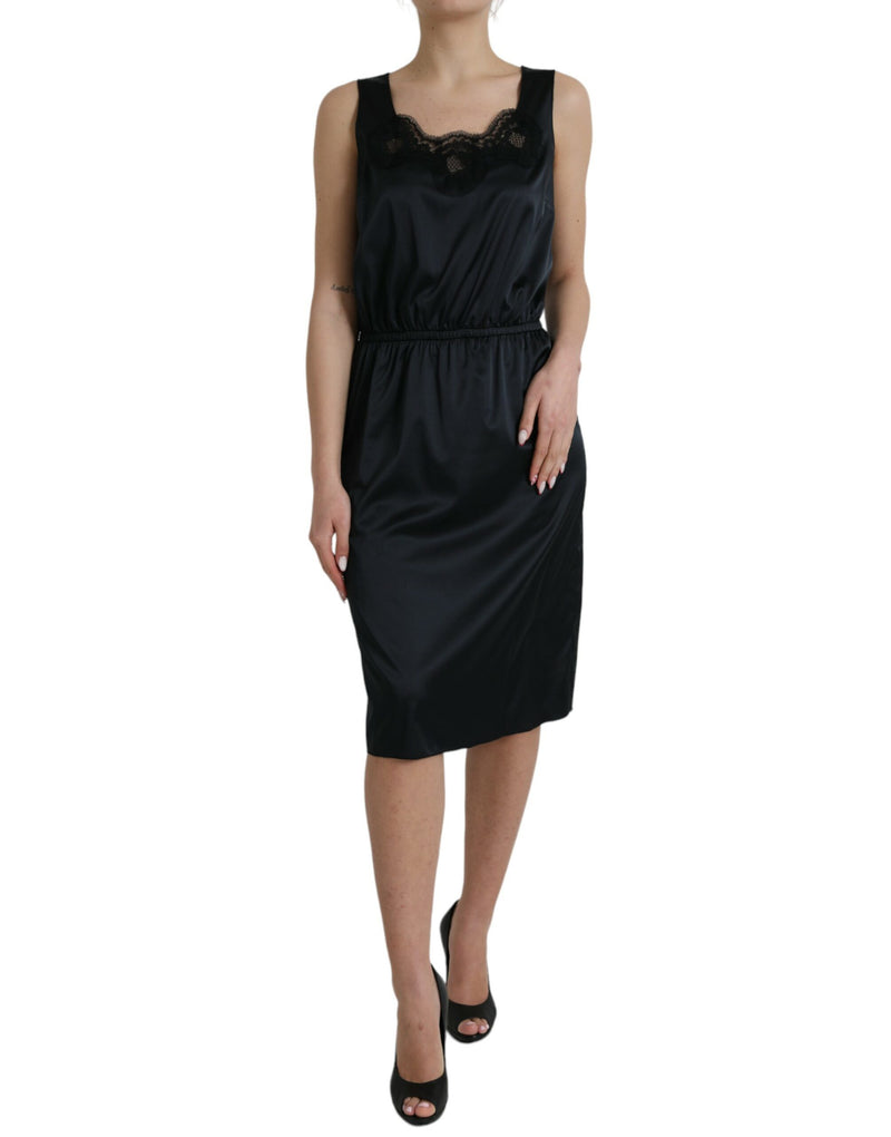 Black Polyester Lace Trim Sheath Midi Dress-Dolce & Gabbana-LabelTerrace.com