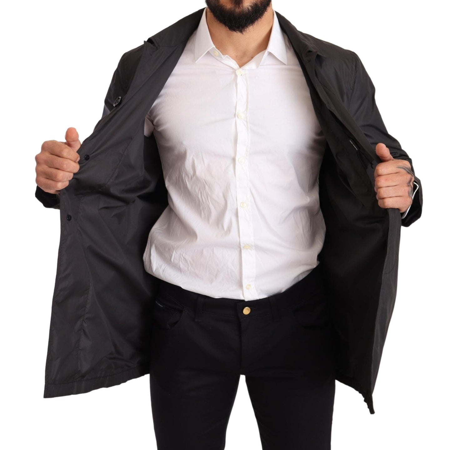 Black Polyester Mens Trench Coat Jacket-Dolce & Gabbana-LabelTerrace.com