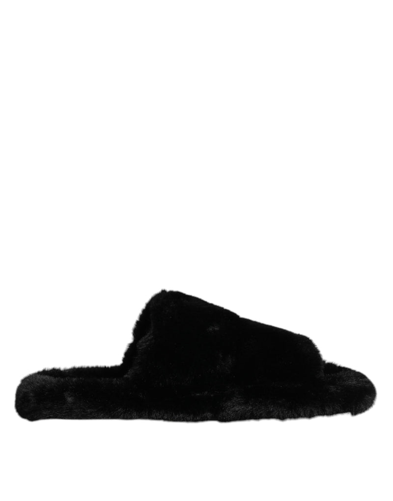 Black Polyester Velvet Slides Slipper Shoes-Dolce & Gabbana-LabelTerrace.com