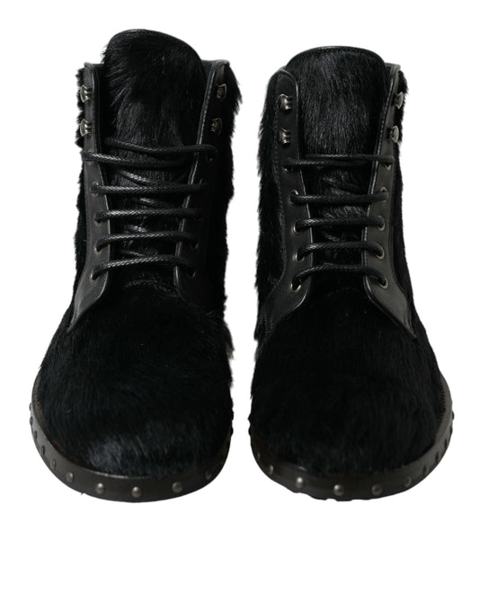 Black Pony Style Leather Mid Calf Boots Shoes-Dolce & Gabbana-LabelTerrace.com