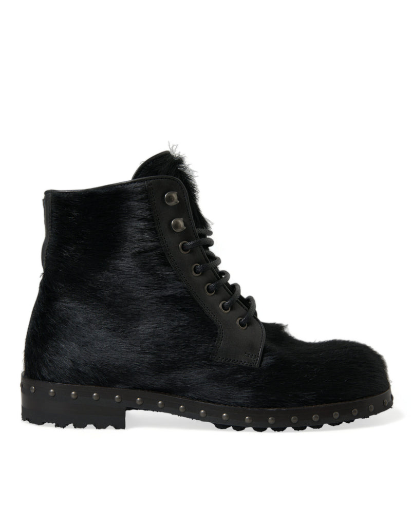 Black Pony Style Leather Mid Calf Boots Shoes-Dolce & Gabbana-LabelTerrace.com