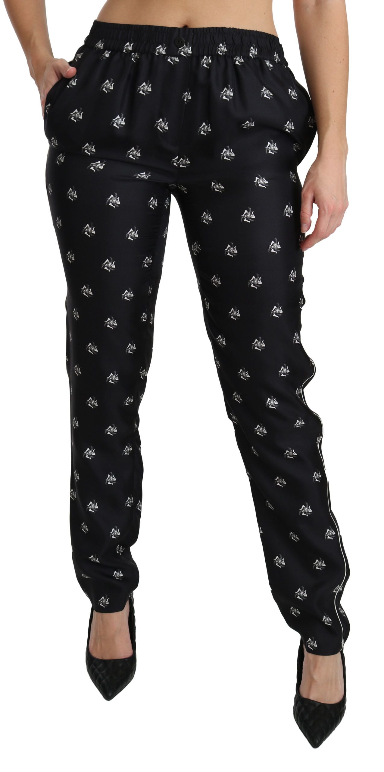 Black Printed Mid Waist Skinny Silk Pants-Dolce & Gabbana-LabelTerrace.com