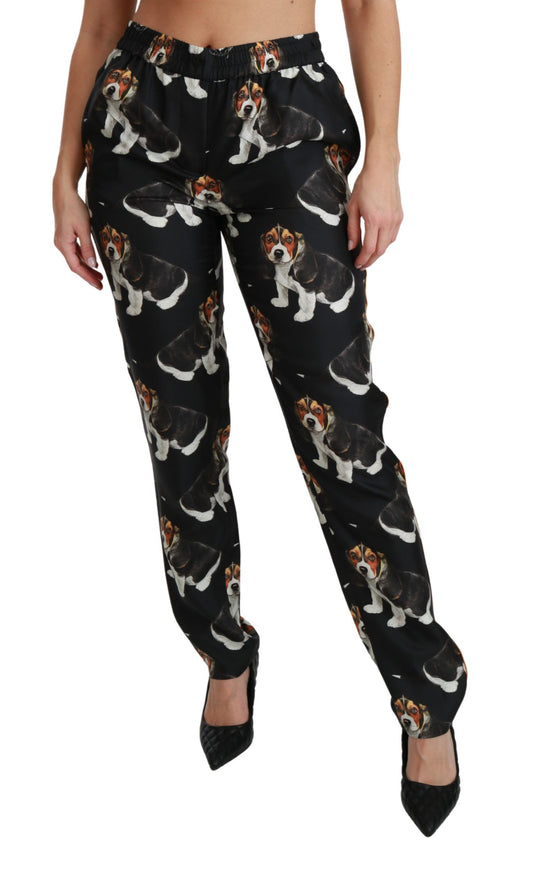 Black Puppy Dog Mid Waist Skinny Silk Pants-Dolce & Gabbana-LabelTerrace.com