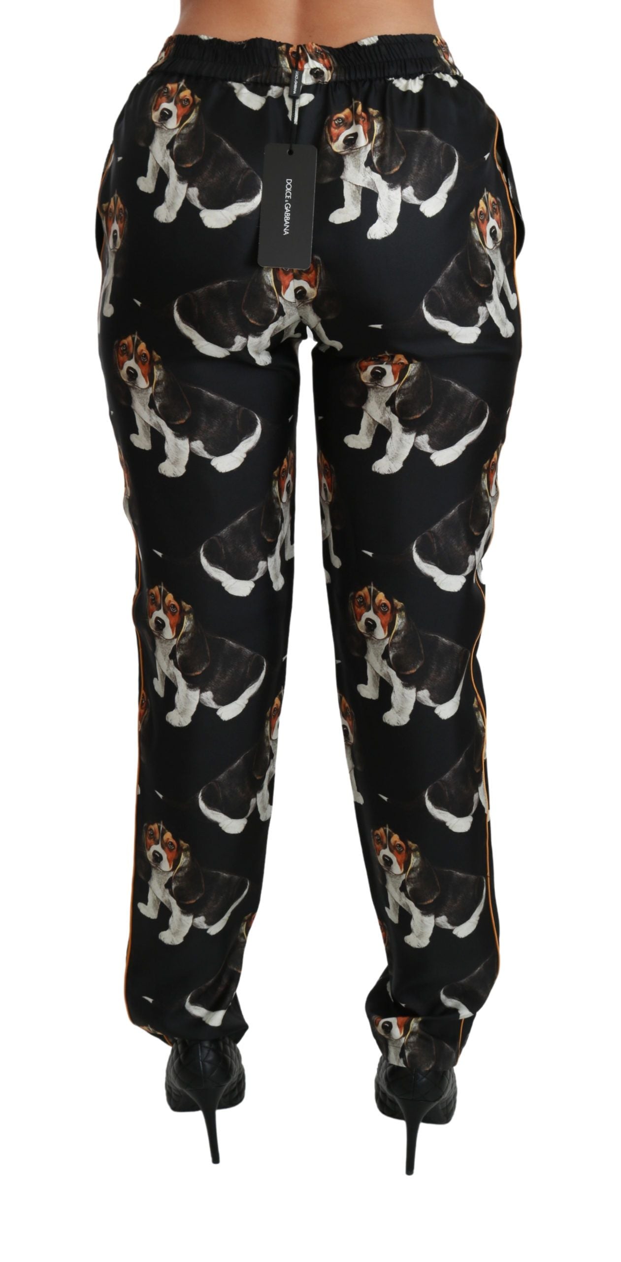 Black Puppy Dog Mid Waist Skinny Silk Pants-Dolce & Gabbana-LabelTerrace.com