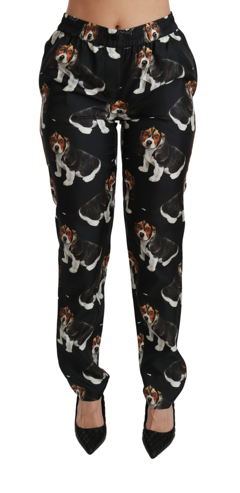 Black Puppy Dog Mid Waist Skinny Silk Pants-Dolce & Gabbana-LabelTerrace.com