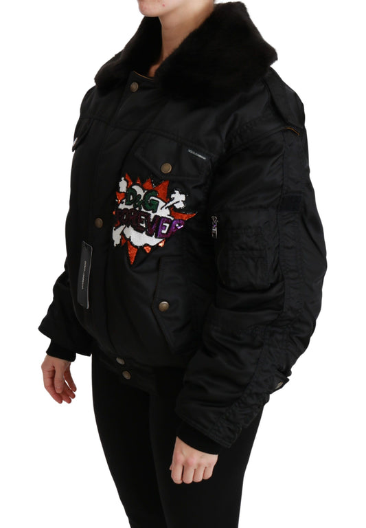 Black Queen Crown Sequined Bomber Jacket-Dolce & Gabbana-LabelTerrace.com