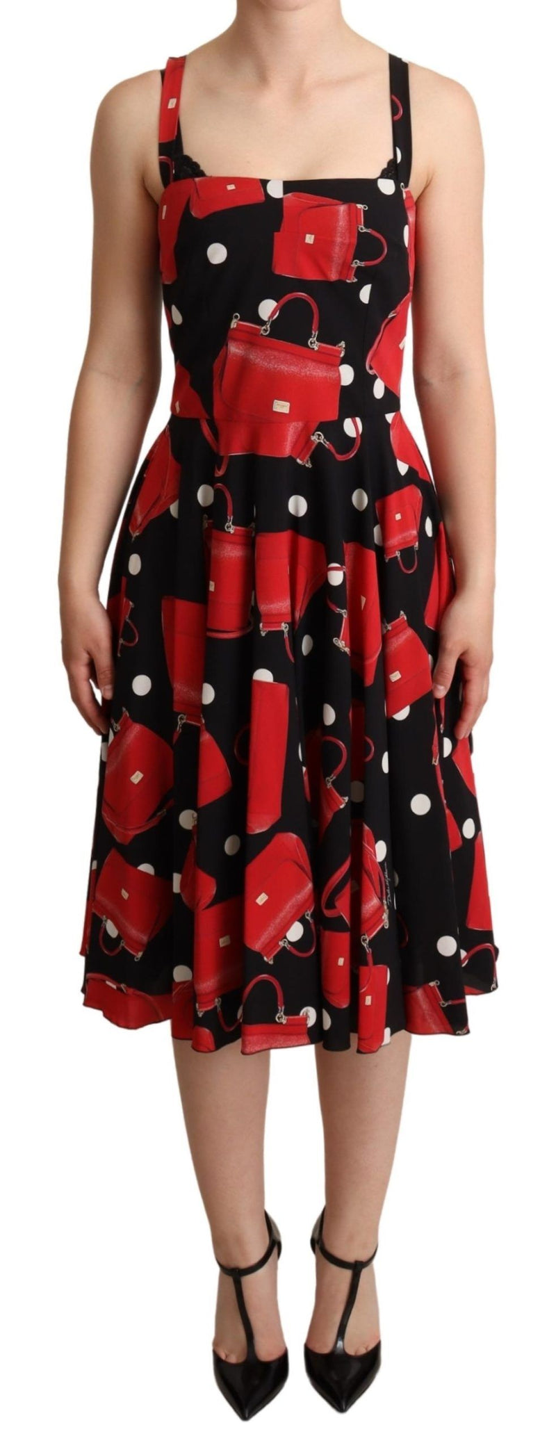Black Red Bag Print A-line Mid Length Dress-Dolce & Gabbana-LabelTerrace.com