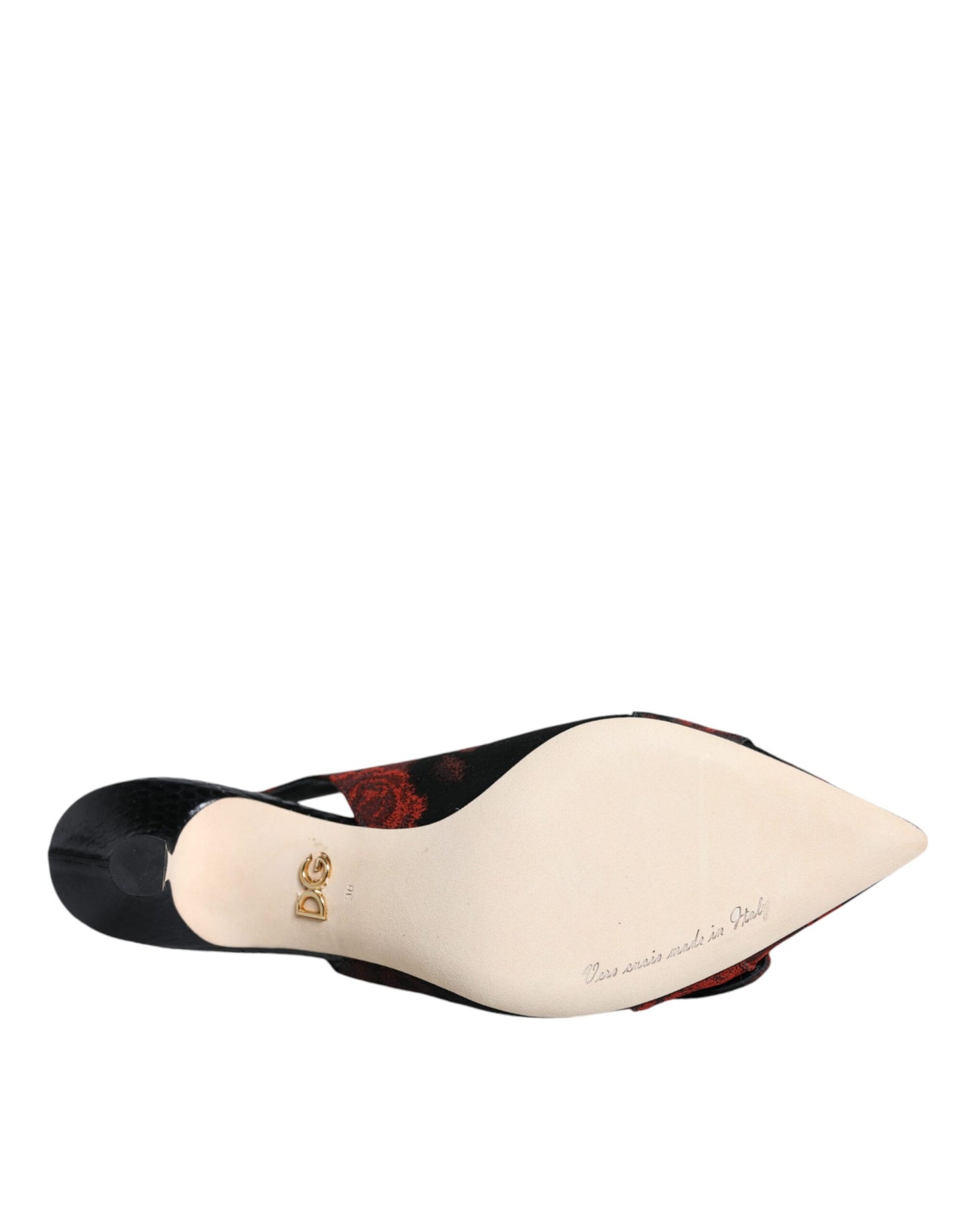 حذاء مفتوح من الخلف بكعب كريستالي أسود وأحمر مزهر