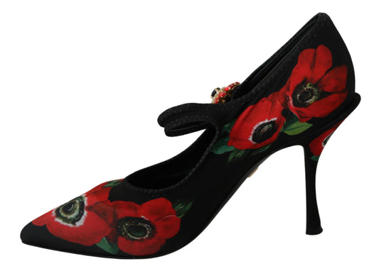 Black Red Floral Mary Janes Pumps Shoes-Dolce & Gabbana-LabelTerrace.com