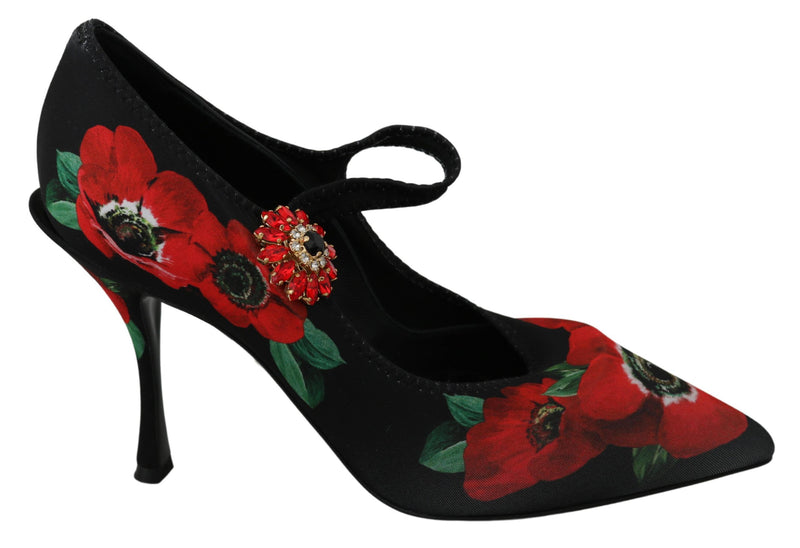 Black Red Floral Mary Janes Pumps Shoes-Dolce & Gabbana-LabelTerrace.com
