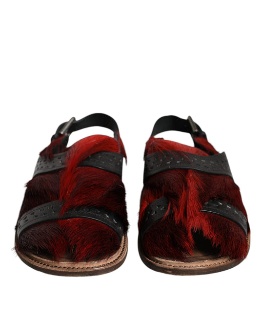 Black Red Gazelle Hair Leather Sandals Shoes-Dolce & Gabbana-LabelTerrace.com