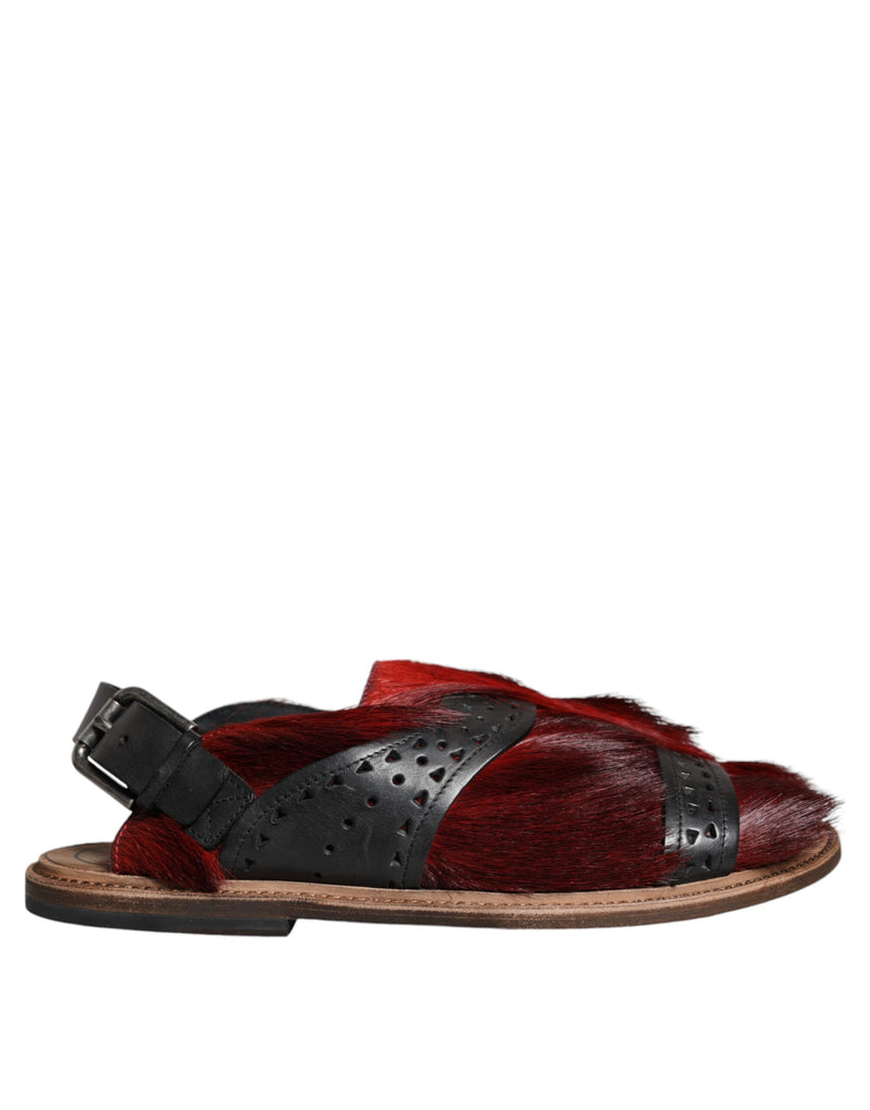 Black Red Gazelle Hair Leather Sandals Shoes-Dolce & Gabbana-LabelTerrace.com