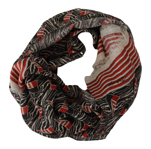 Black Red Linen Sailboat Stripe Print Shawl Scarf-Dolce & Gabbana-LabelTerrace.com