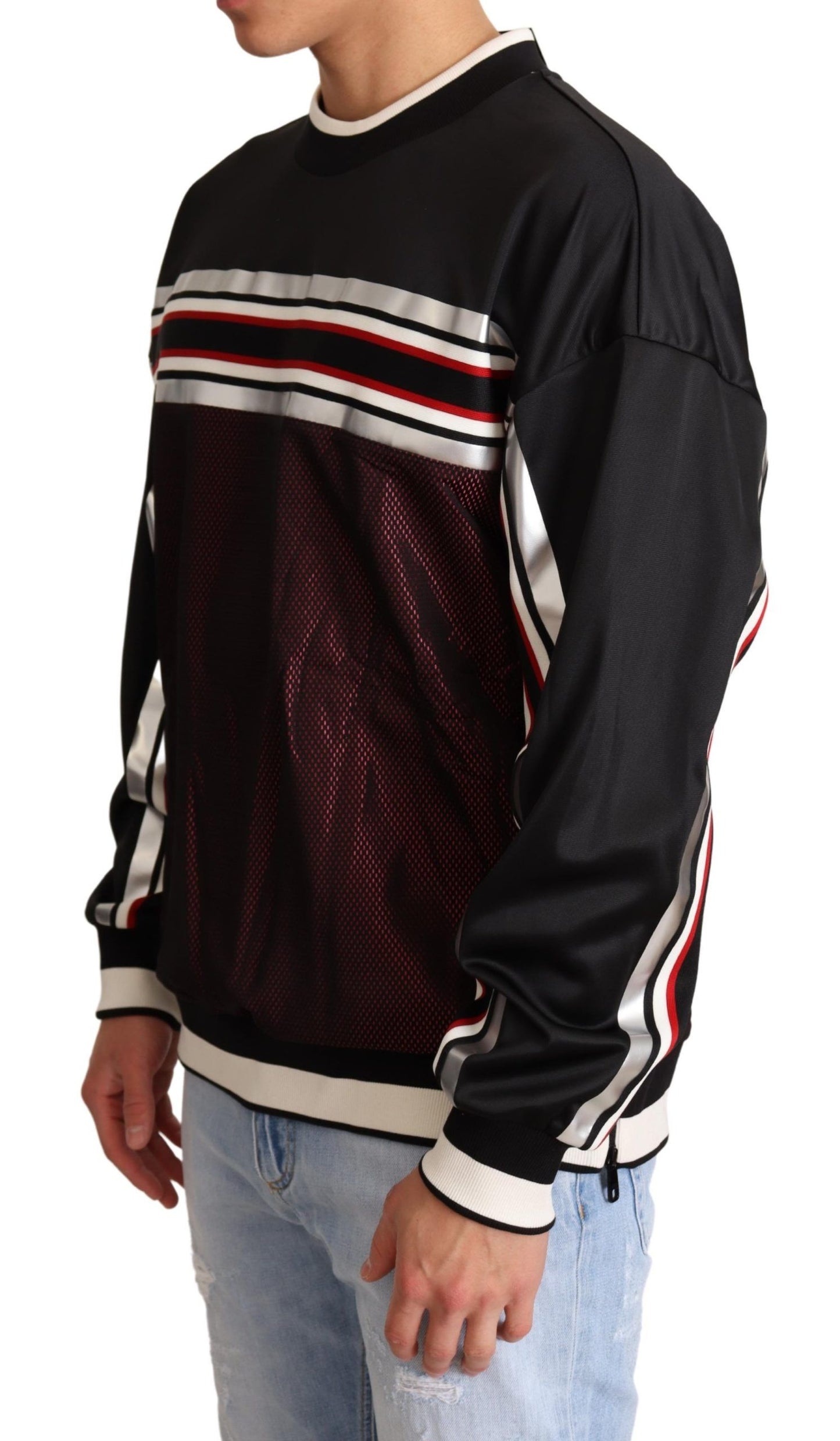 Black Red Mesh Sport Pullover Crewneck Sweater-Dolce & Gabbana-LabelTerrace.com