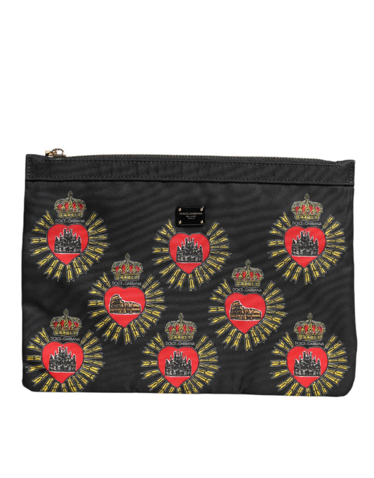 Black Red Nylon Sacred Heart Clutch Pouch Bag-Dolce & Gabbana-LabelTerrace.com