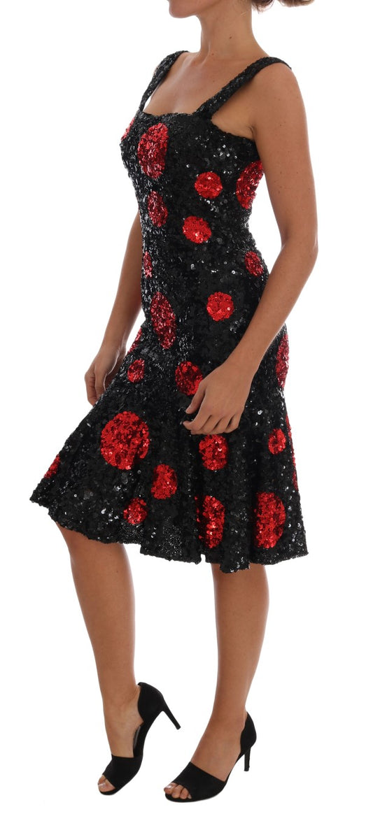 Black Red Polka Sequined Shift Dress-Dolce & Gabbana-LabelTerrace.com