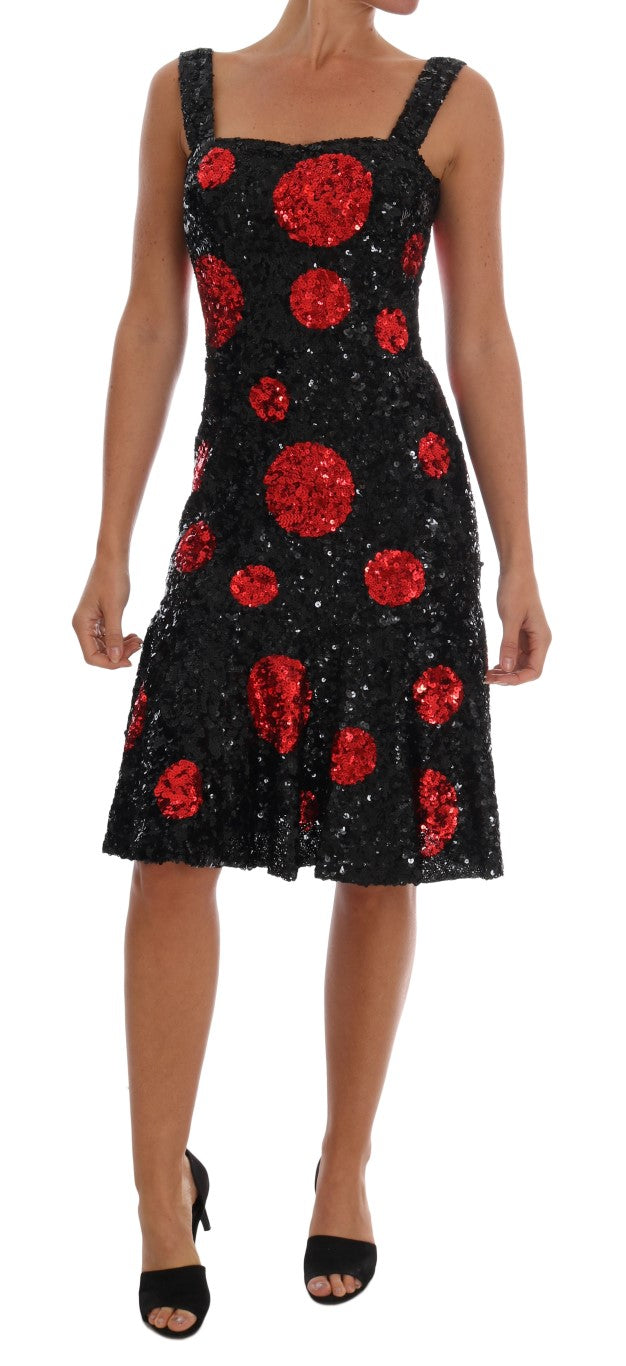 Black Red Polka Sequined Shift Dress-Dolce & Gabbana-LabelTerrace.com