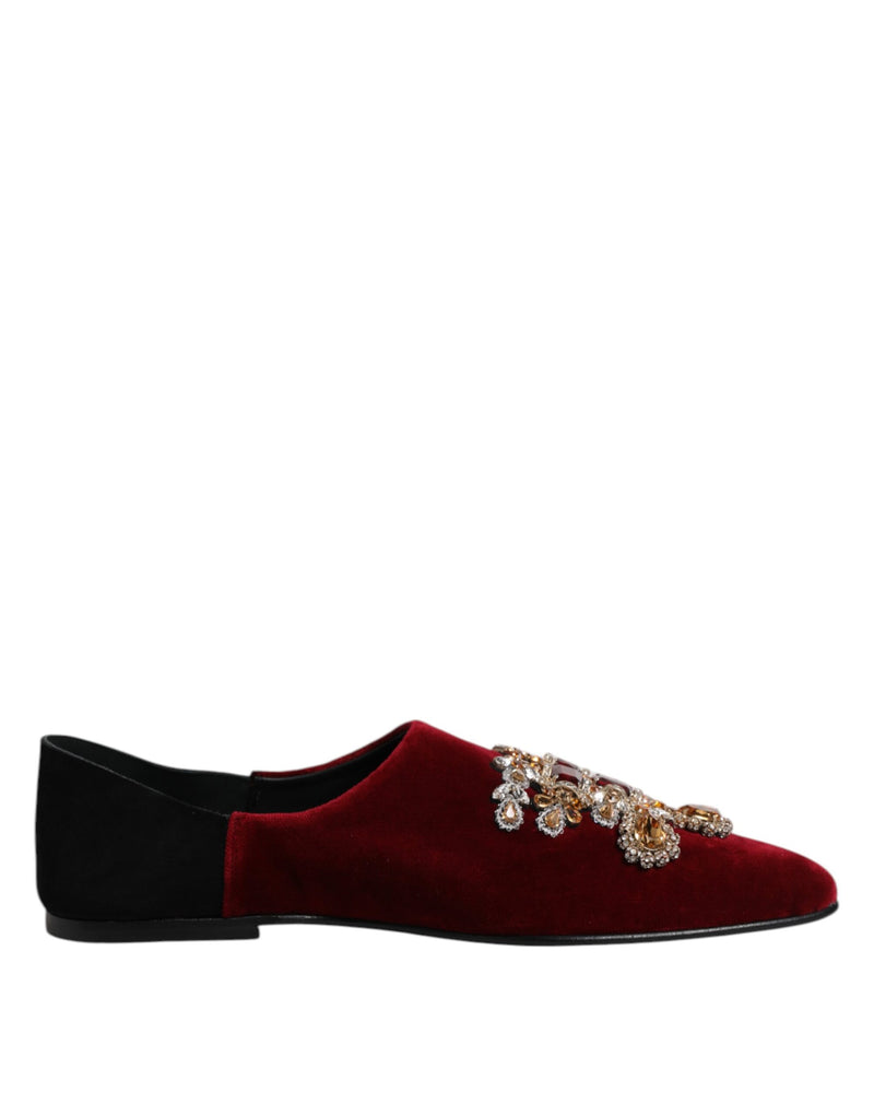 Black Red Velvet Embellished Slip On Shoes-Dolce & Gabbana-LabelTerrace.com