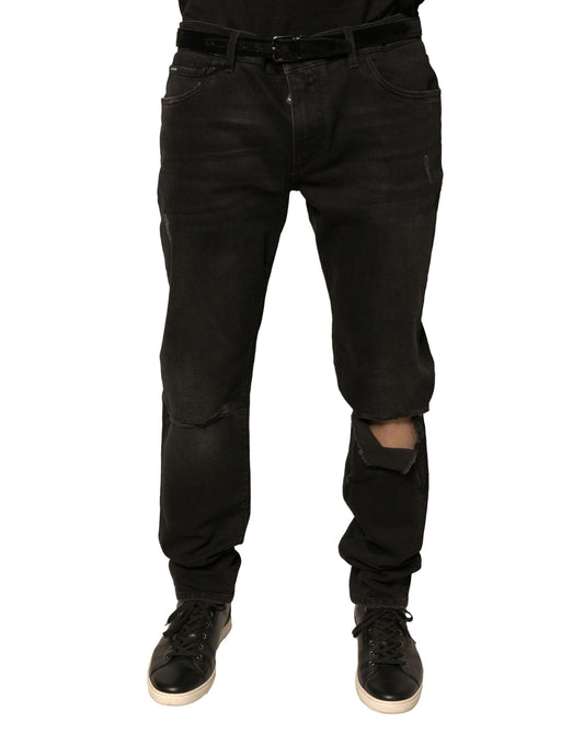 Black Ripped Logo Cotton Skinny Denim Jeans-Dolce & Gabbana-LabelTerrace.com