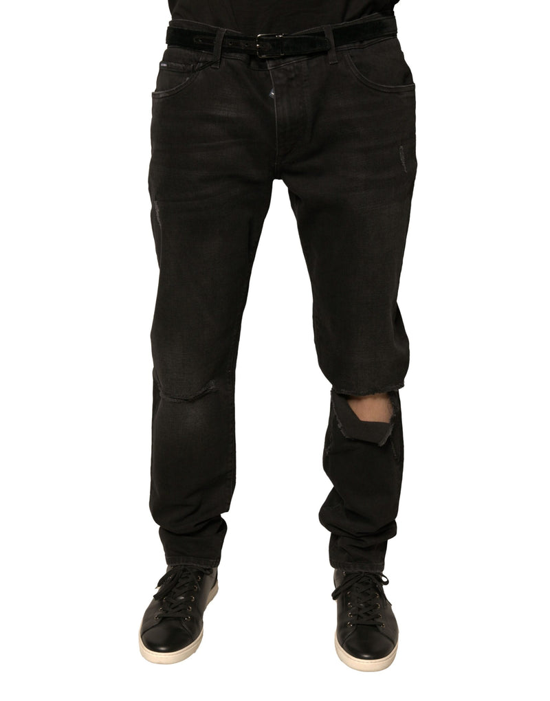 Black Ripped Logo Cotton Skinny Denim Jeans-Dolce & Gabbana-LabelTerrace.com