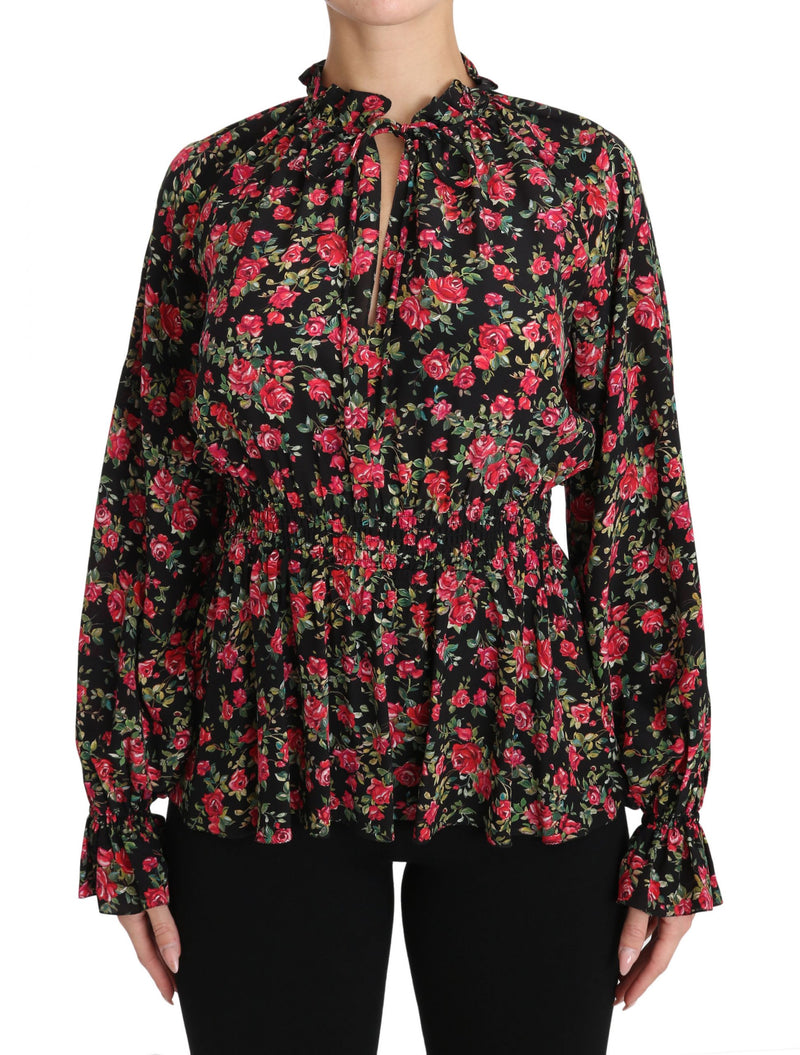 Black Rose Print Floral Shirt Top Blouse-Dolce & Gabbana-LabelTerrace.com