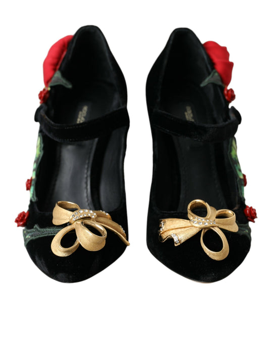 Black Roses Crystal Brooch Mary Jane Shoes-Dolce & Gabbana-LabelTerrace.com