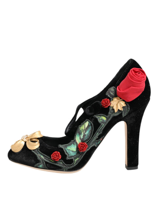 Black Roses Crystal Brooch Mary Jane Shoes-Dolce & Gabbana-LabelTerrace.com