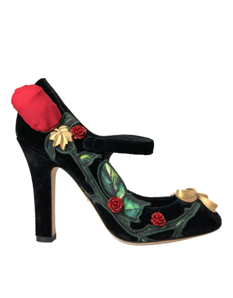 Black Roses Crystal Brooch Mary Jane Shoes-Dolce & Gabbana-LabelTerrace.com