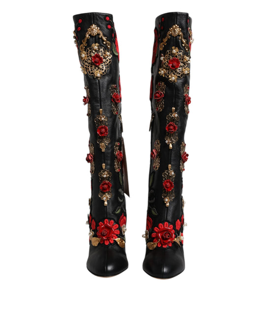 Black Roses Embellished Leather Heel Boots Shoes-Dolce & Gabbana-LabelTerrace.com
