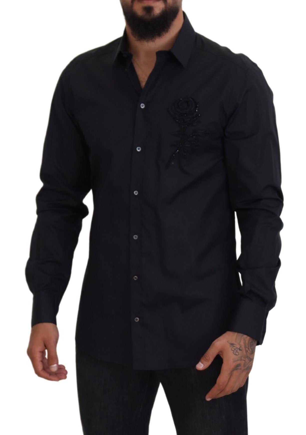 Black Roses Slim Fit Cotton Shirt-Dolce & Gabbana-LabelTerrace.com