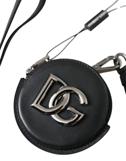 Black Round Leather DG Logo Coin Purse Lanyard Wallet-Dolce & Gabbana-LabelTerrace.com