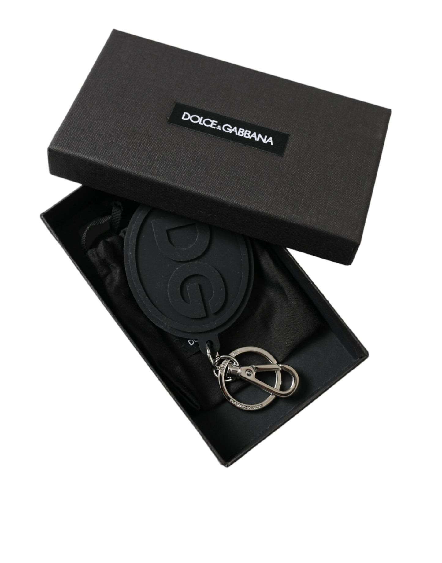 Black Rubber DG Logo Silver Brass Metal Keyring Keychain-Dolce & Gabbana-LabelTerrace.com