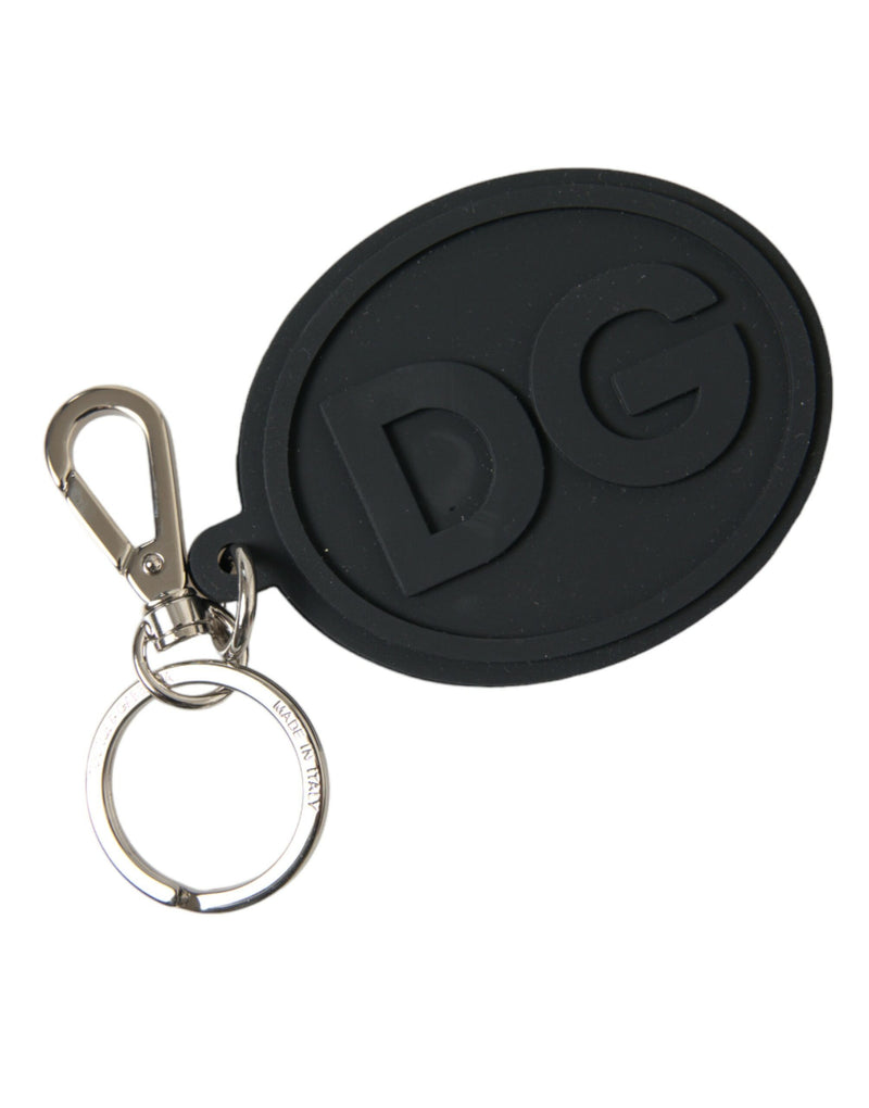 Black Rubber DG Logo Silver Brass Metal Keyring Keychain-Dolce & Gabbana-LabelTerrace.com