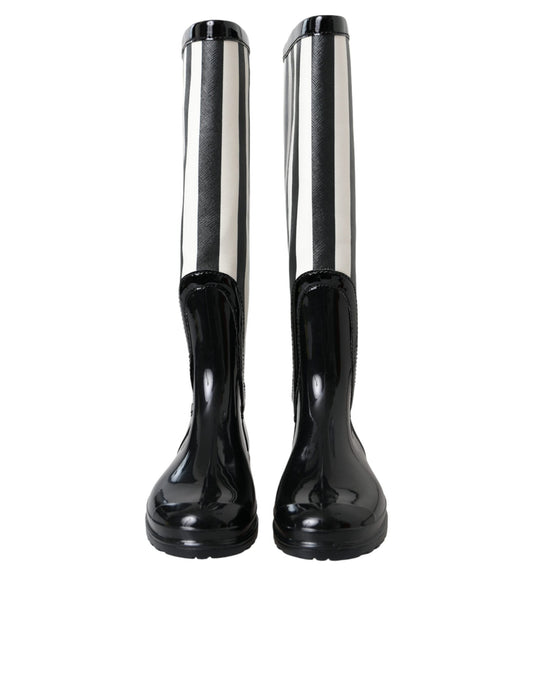 Black Rubber Knee High Flat Boots Shoes-Dolce & Gabbana-LabelTerrace.com